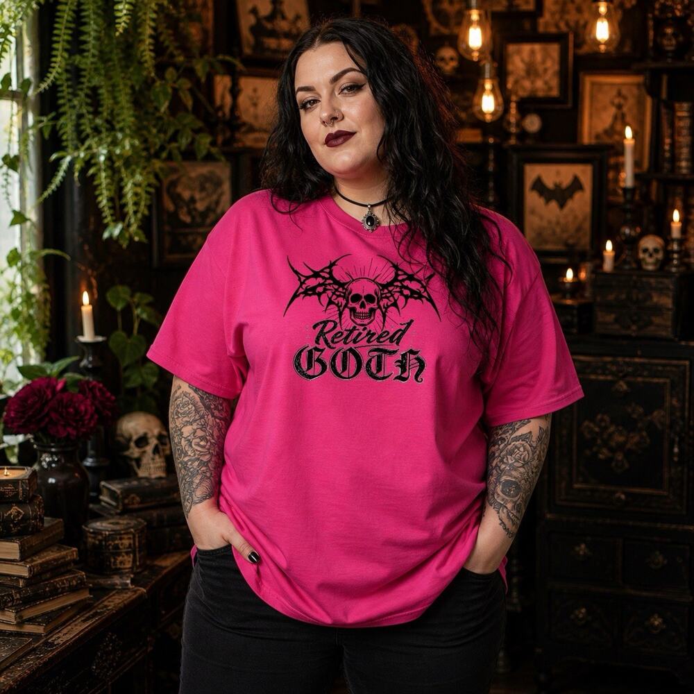 Retired Goth Retro T-Shirt Skater Biker Punk Y2K Pink Size Medium